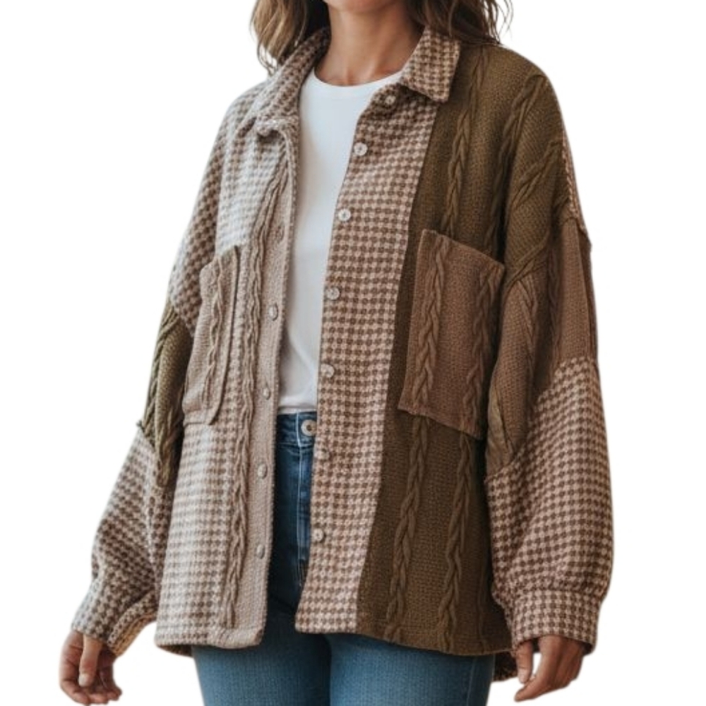 Pol Cozy Patchwork Houndstooth & Cable Knit Shack… - image 1